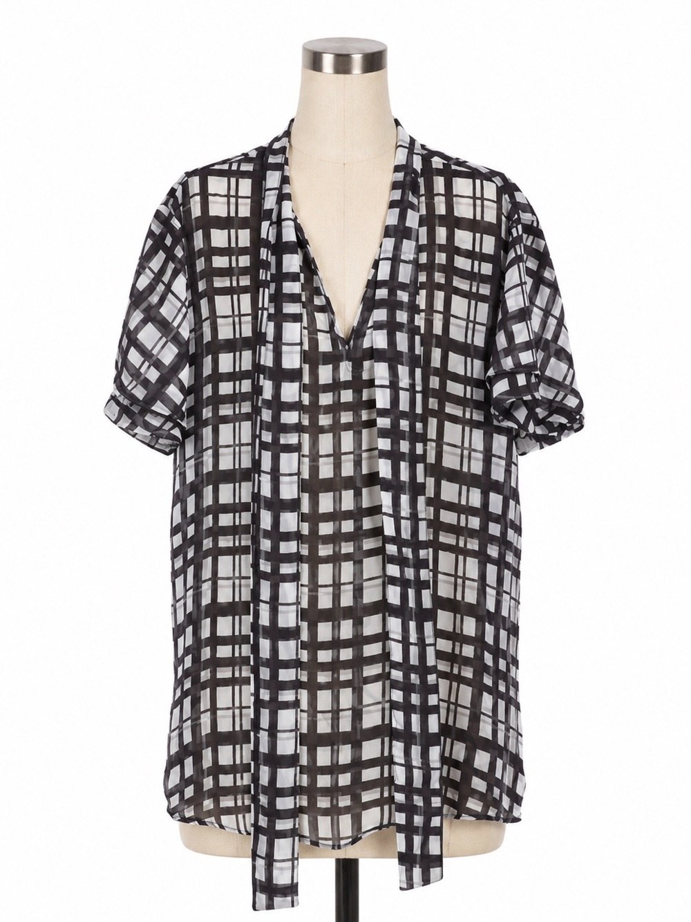7th Avenue New York & Co. XL Sheer Plaid Tie Neck Blouse Black Purple White Top